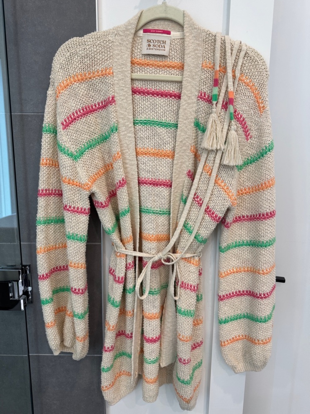 Scotch & Soda Cream Open-Knit Belted Sweater Cardigan